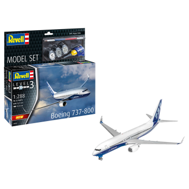 KIT PARA MONTAR REVELL MODEL SET AVIÃO COMERCIAL BOEING 737-800 1/288 25 PEÇAS COMPLETO COM TINTAS COLA E PINCEL REV 63809